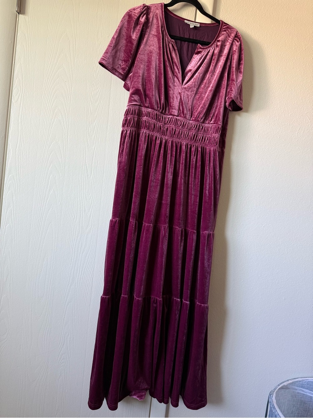 See and Be Seen Plum Purple Velvet Smocked Waist Tiered Maxi Dress M